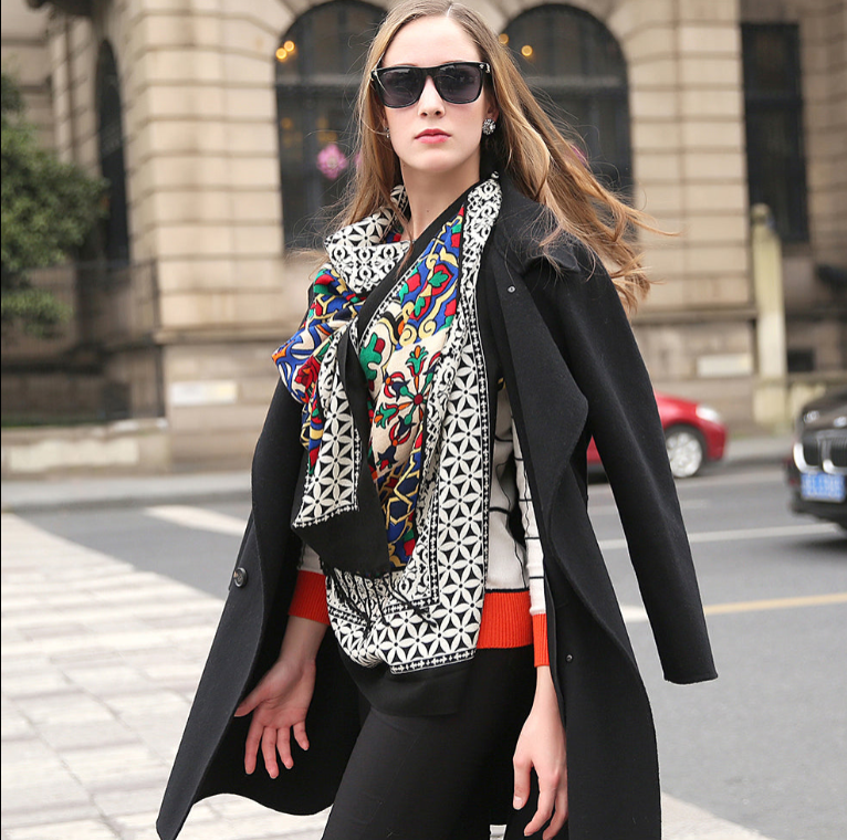 Anyyou 100% Pure Merino Wool Multicolor Marble Poncho Winter Large Scarf With Trendy Pashmina Shawl Bandana  For Womenfashion Design