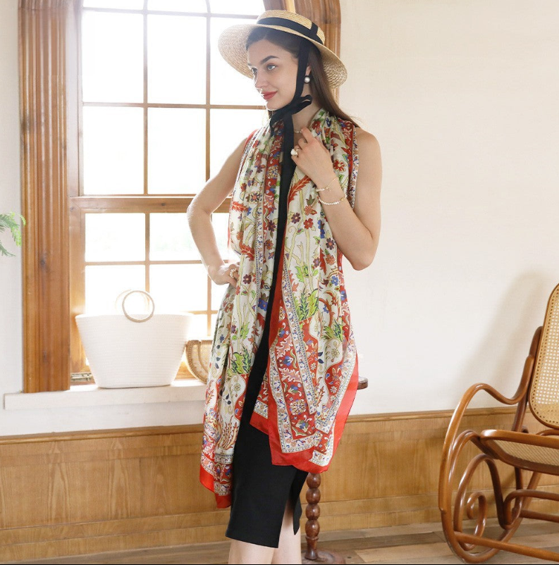 Anyyou 100% Mulberry Silk Red Green Long Scarf Luxury Brand Women Beach Shawl Wear Swimwear Pashimina Foulard