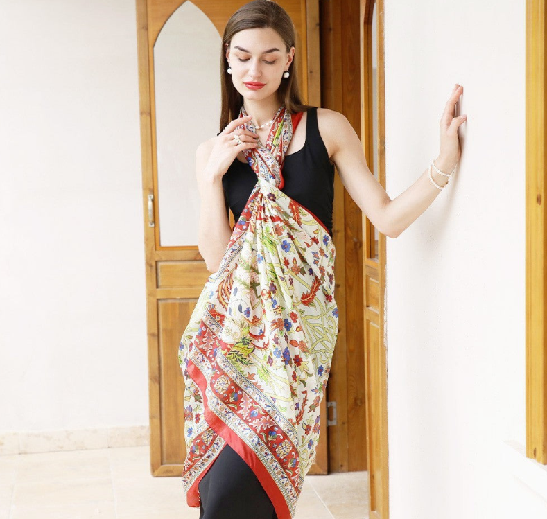 Anyyou 100% Mulberry Silk Red Green Long Scarf Luxury Brand Women Beach Shawl Wear Swimwear Pashimina Foulard