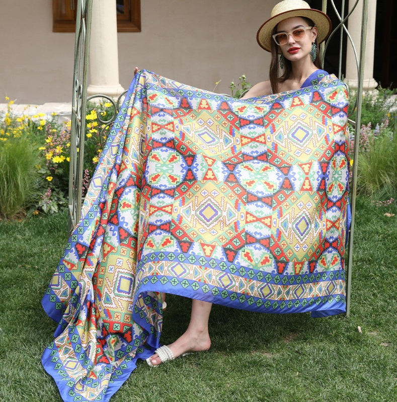 Anyyou 100% Mulberry Silk Ocean Blue Long Scarf Luxury Brand Women Beach Shawl Wear Swimwear Pashimina Foulard