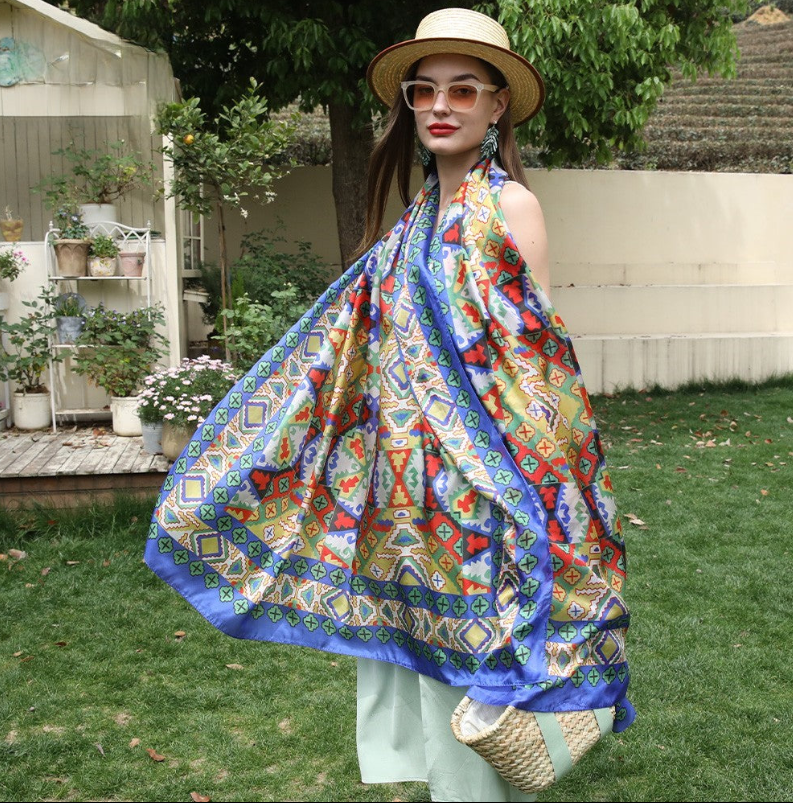 Anyyou 100% Mulberry Silk Ocean Blue Long Scarf Luxury Brand Women Beach Shawl Wear Swimwear Pashimina Foulard