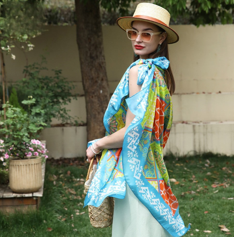 Anyyou 100% Mulberry Silk Aqua Blue Long Scarf Luxury Brand Women Beach Shawl Wear Swimwear Pashimina Foulard