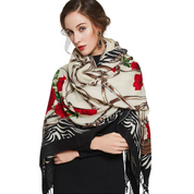 Anyyou 100% Pure Merino Wool Beige Rose Pattern Stylish Poncho Winter Large Scarf With Trendy Pashmina Shawl Bandana  For Womenfashion Design