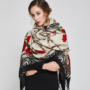 Anyyou 100% Pure Merino Wool Beige Rose Pattern Stylish Poncho Winter Large Scarf With Trendy Pashmina Shawl Bandana  For Womenfashion Design
