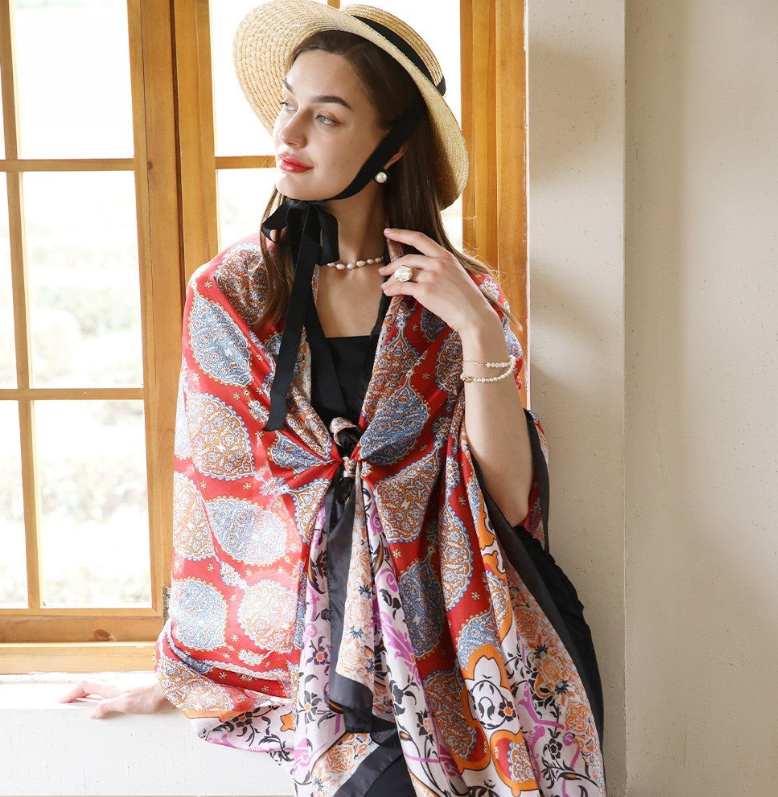 Anyyou 100% Mulberry Silk Rose Red Long Scarf Luxury Brand Women Beach Shawl Wear Swimwear Pashimina Foulard