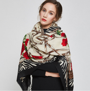 Anyyou 100% Pure Merino Wool Beige Rose Pattern Stylish Poncho Winter Large Scarf With Trendy Pashmina Shawl Bandana  For Womenfashion Design