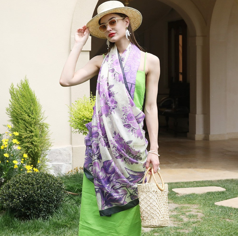 Anyyou 100% Mulberry Silk Lavender Long Scarf Luxury Brand Women Beach Shawl Wear Swimwear Pashimina Foulard