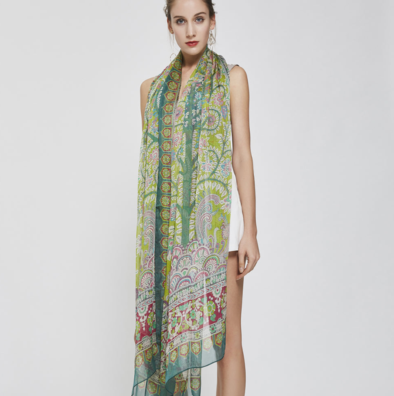 Anyyou 100% Mulberry Silk Green Long Scarf Luxury Brand Women Beach Shawl Wear Swimwear Pashimina Face Shield Foulard