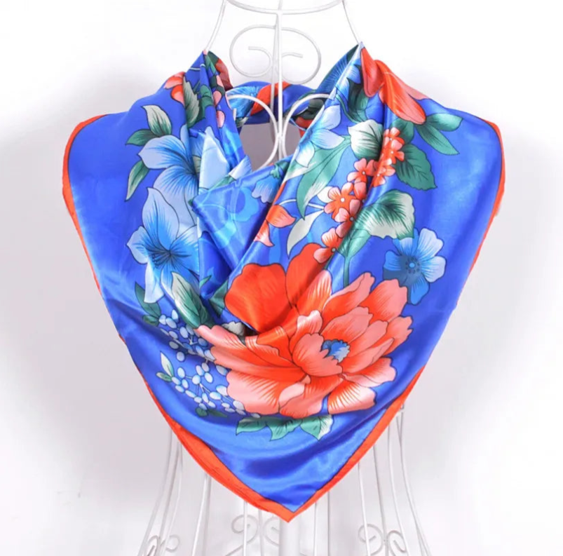Anyyou Fashion Premium Satin Square Scarf – Vibrant Peony Blue Floral Silk-Feel Neckwrap for Women