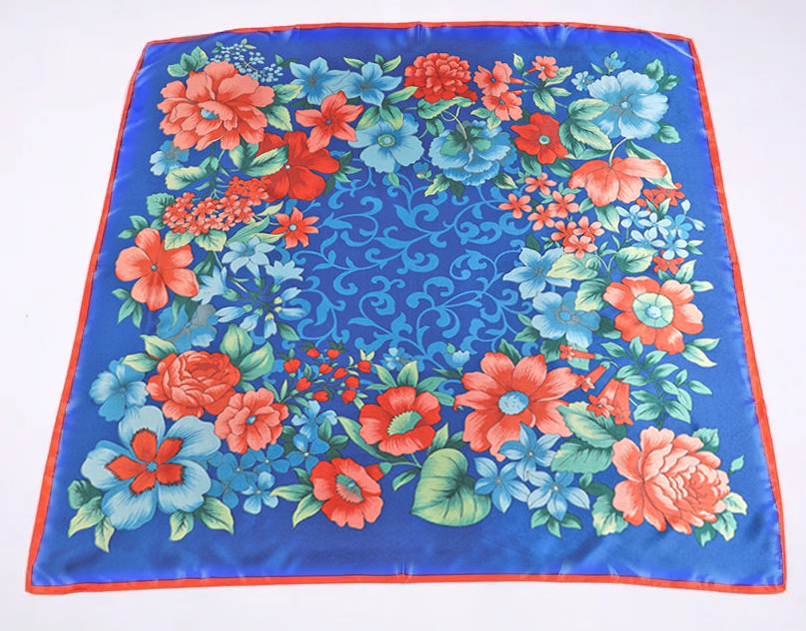 Anyyou Fashion Premium Satin Square Scarf – Vibrant Peony Blue Floral Silk-Feel Neckwrap for Women