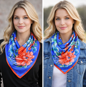 Anyyou Fashion Premium Satin Square Scarf – Vibrant Peony Blue Floral Silk-Feel Neckwrap for Women