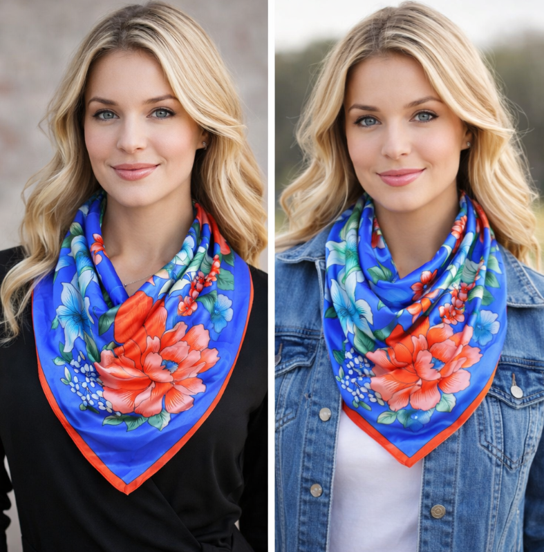 Anyyou Fashion Premium Satin Square Scarf – Vibrant Peony Blue Floral Silk-Feel Neckwrap for Women