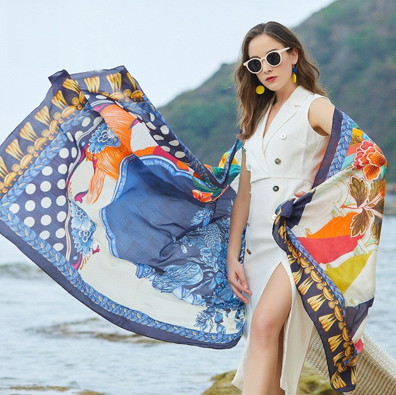 Anyyou 100% Mulberry Silk Blue Long Scarf Luxury Brand Women Beach Shawl Wear Swimwear Pashimina Face Shield Foulard