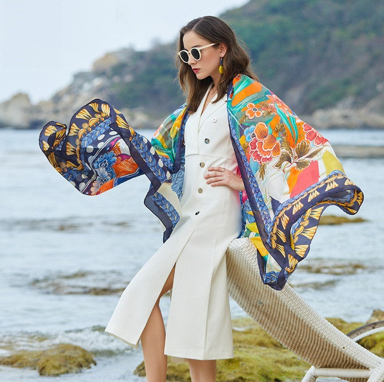 Anyyou 100% Mulberry Silk Blue Long Scarf Luxury Brand Women Beach Shawl Wear Swimwear Pashimina Face Shield Foulard