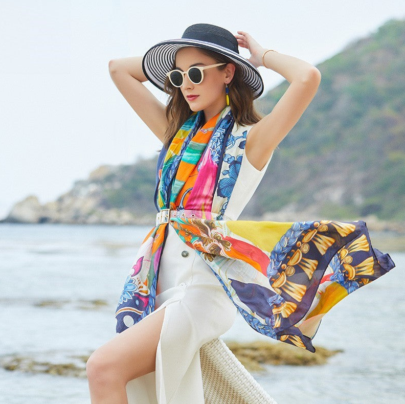 Anyyou 100% Mulberry Silk Blue Long Scarf Luxury Brand Women Beach Shawl Wear Swimwear Pashimina Face Shield Foulard