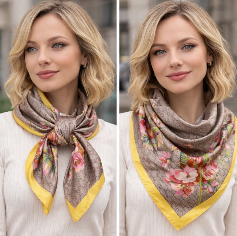 Anyyou Fashion Premium Satin Square Scarf – Elegant Floral Yellow Silk-Feel Neckwrap for Women