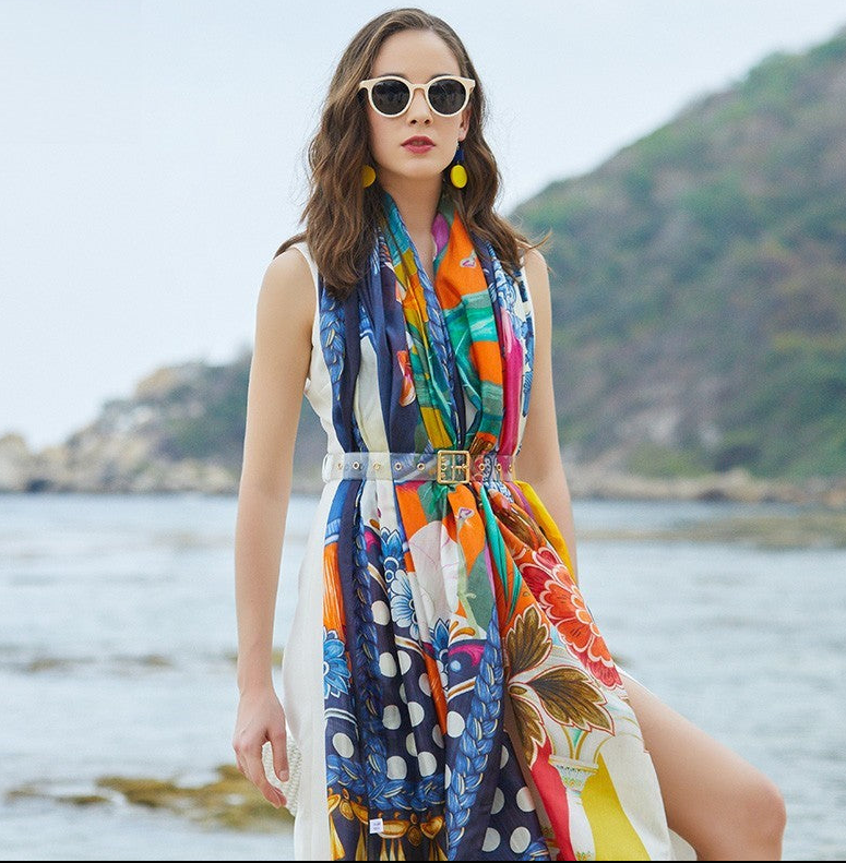 Anyyou 100% Mulberry Silk Blue Long Scarf Luxury Brand Women Beach Shawl Wear Swimwear Pashimina Face Shield Foulard