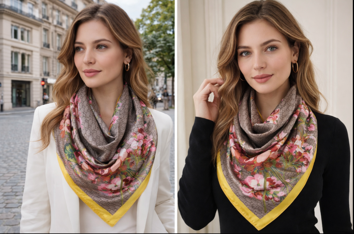 Anyyou Fashion Premium Satin Square Scarf – Elegant Floral Yellow Silk-Feel Neckwrap for Women