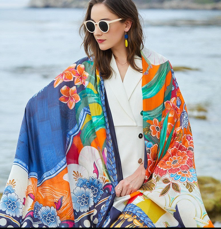 Anyyou 100% Mulberry Silk Blue Long Scarf Luxury Brand Women Beach Shawl Wear Swimwear Pashimina Face Shield Foulard