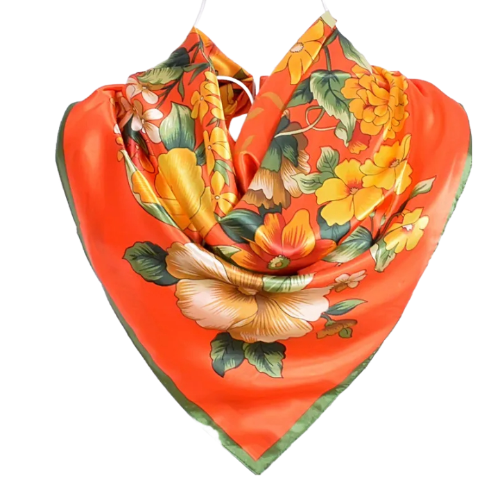 Anyyou Fashion Premium Satin Square Scarf – Bold Peony Orange Silk-Feel Neckwrap for Women