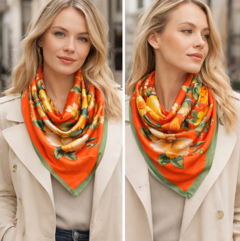 Anyyou Fashion Premium Satin Square Scarf – Bold Peony Orange Silk-Feel Neckwrap for Women