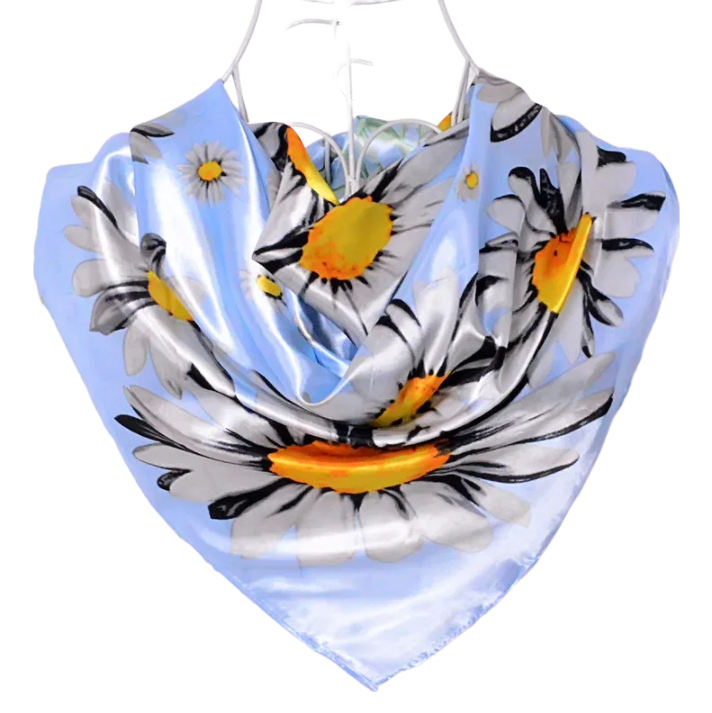 Anyyou Fashion Premium Satin Square Scarf – Fresh Daisy Blue Silk-Feel Neckwrap for Women