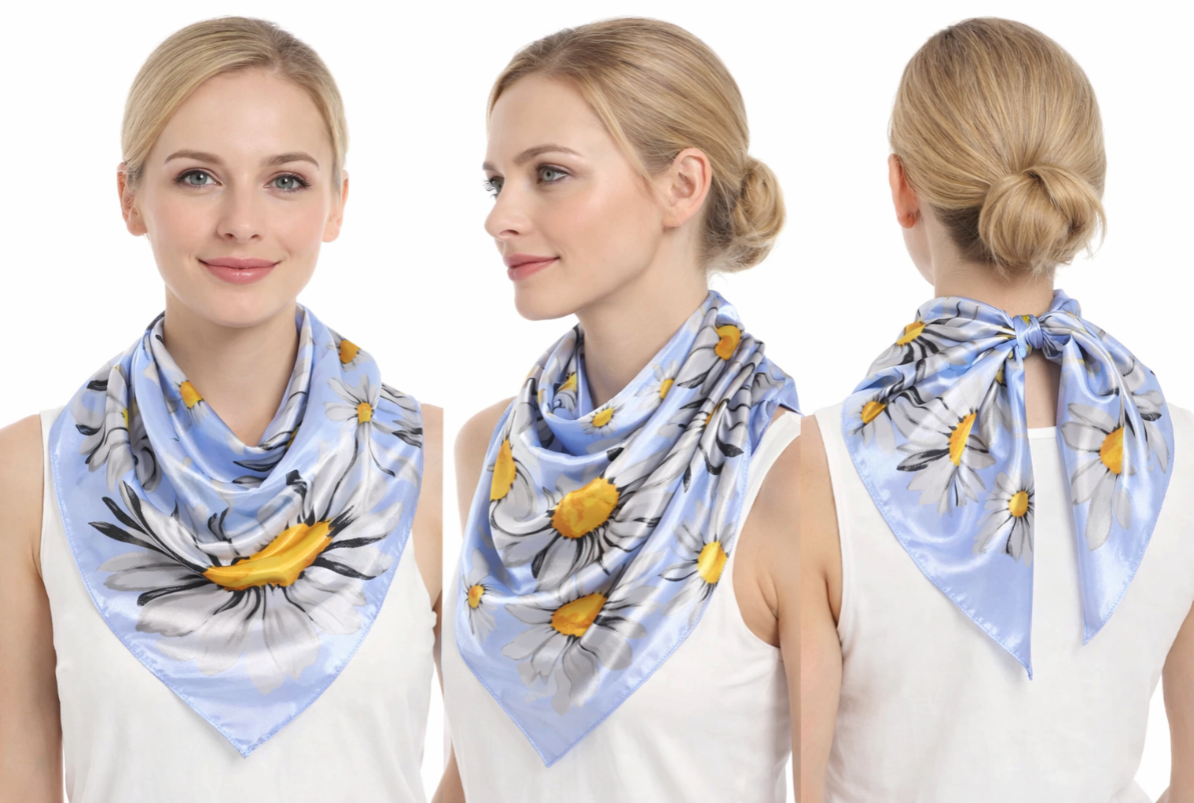 Anyyou Fashion Premium Satin Square Scarf – Fresh Daisy Blue Silk-Feel Neckwrap for Women