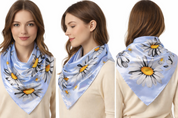 Anyyou Fashion Premium Satin Square Scarf – Fresh Daisy Blue Silk-Feel Neckwrap for Women