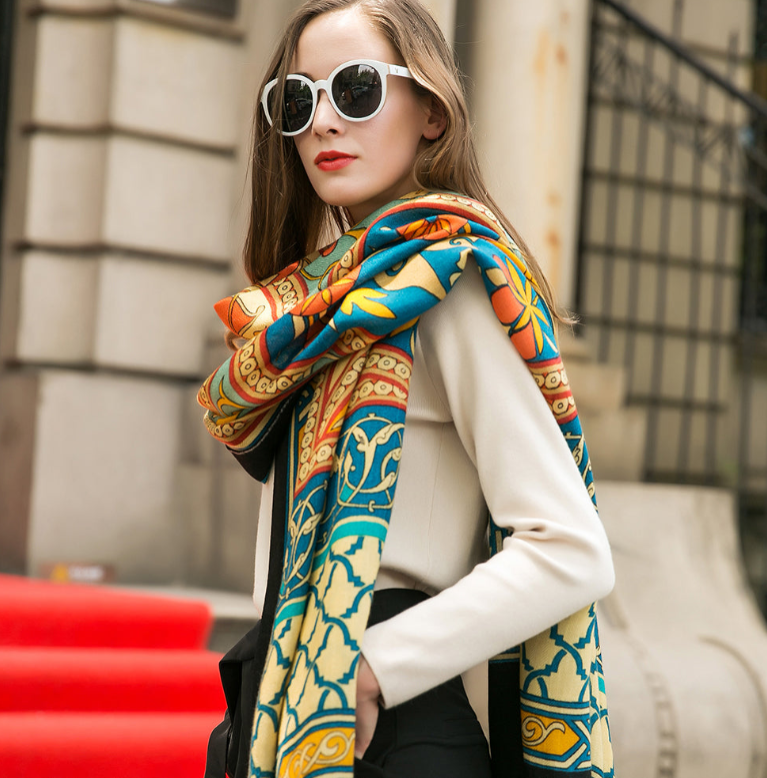 Anyyou 100% Pure Merino Wool Multicolor Tie Pattern Stylish Poncho Winter Large Scarf With Trendy Pashmina Shawl Bandana  For Womenfashion Design