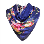 Anyyou Fashion Premium Satin Square Scarf –Floral Blue Print Silk-Feel Neckwrap for Women