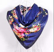 Anyyou Fashion Premium Satin Square Scarf –Floral Blue Print Silk-Feel Neckwrap for Women