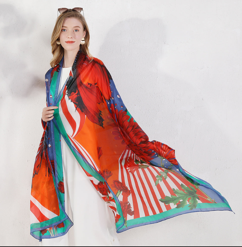 Anyyou 100% Mulberry Silk Red Long Scarf Luxury Brand Women Beach Shawl Wear Swimwear Pashimina Face Shield Foulard