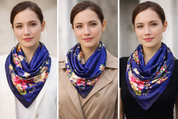 Anyyou Fashion Premium Satin Square Scarf –Floral Blue Print Silk-Feel Neckwrap for Women
