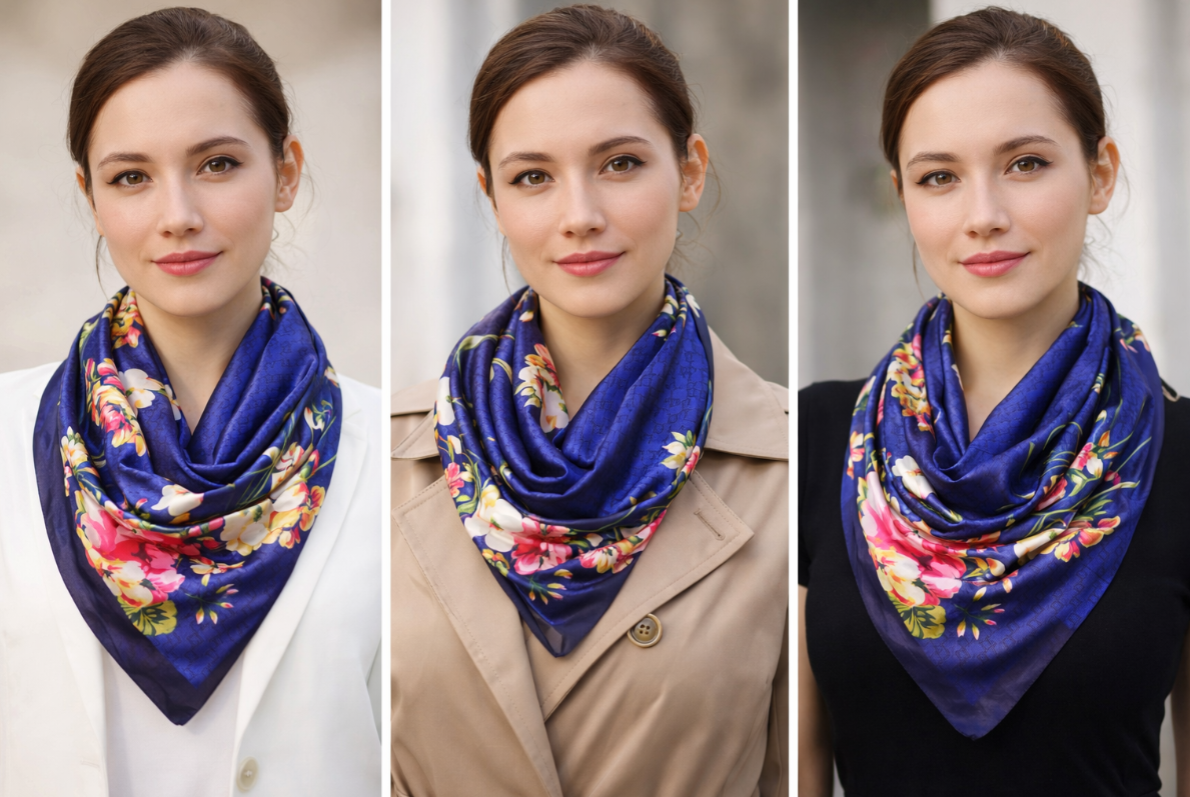 Anyyou Fashion Premium Satin Square Scarf –Floral Blue Print Silk-Feel Neckwrap for Women