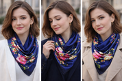 Anyyou Fashion Premium Satin Square Scarf –Floral Blue Print Silk-Feel Neckwrap for Women