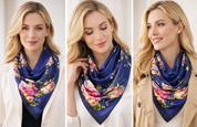 Anyyou Fashion Premium Satin Square Scarf –Floral Blue Print Silk-Feel Neckwrap for Women