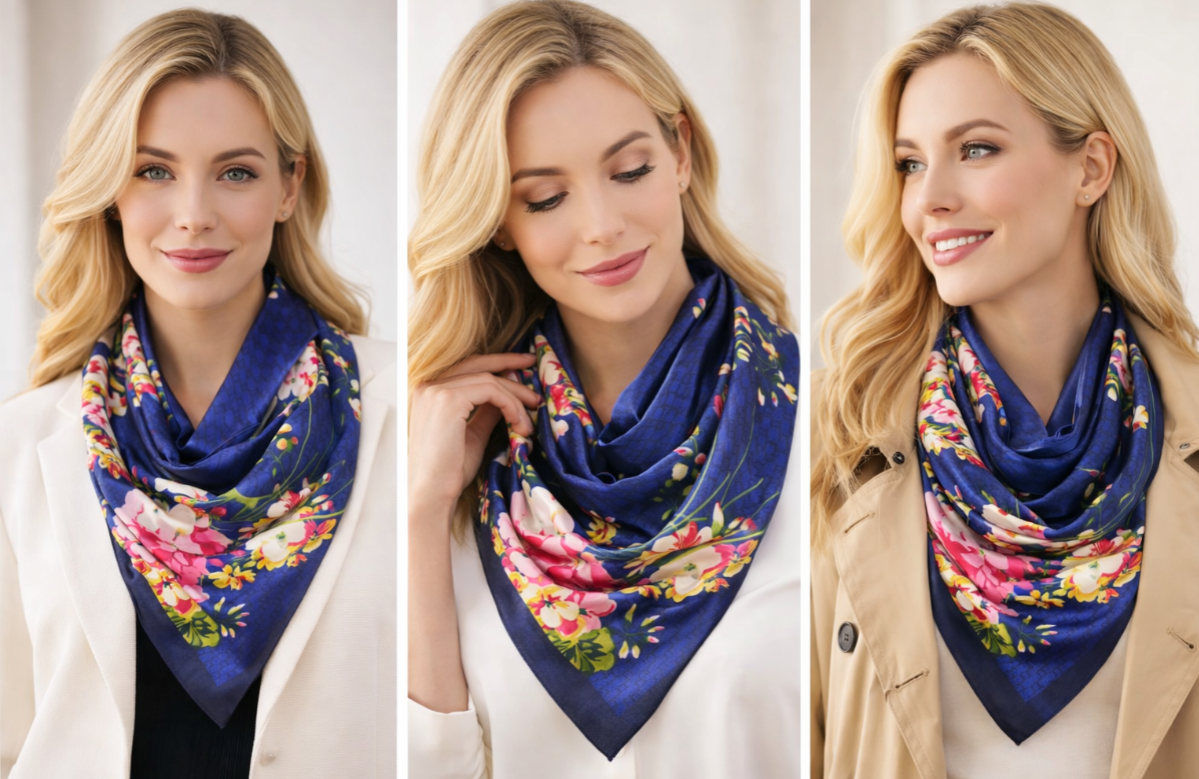 Anyyou Fashion Premium Satin Square Scarf –Floral Blue Print Silk-Feel Neckwrap for Women