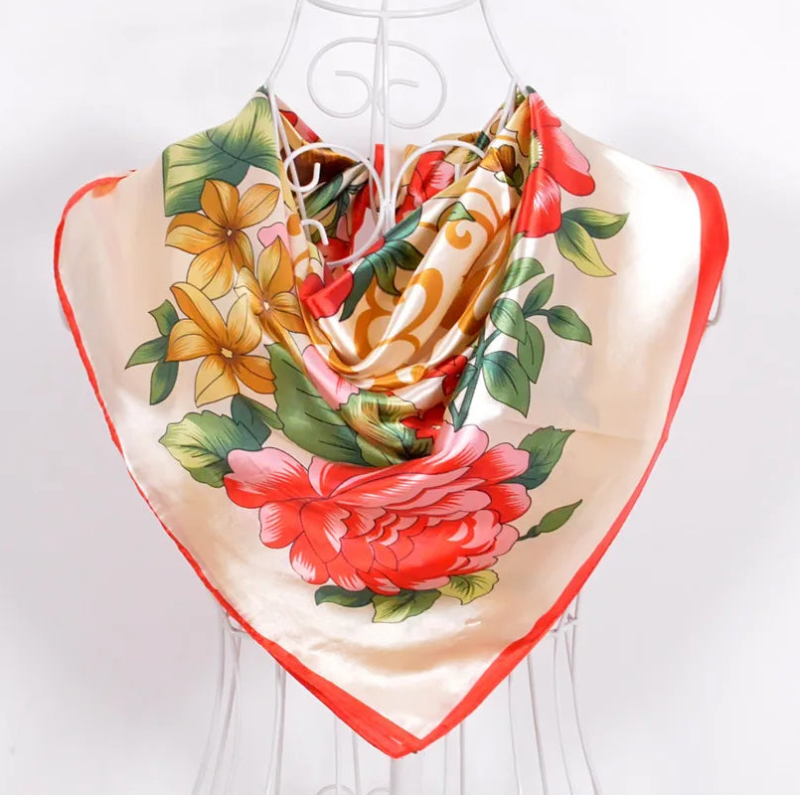 Anyyou Fashion Premium Satin Square Scarf – Elegant Peony Beige Silk-Feel Neckwrap for Women
