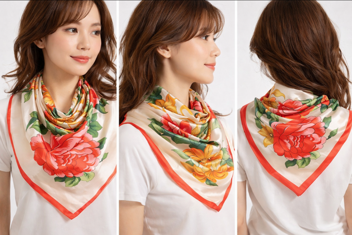 Anyyou Fashion Premium Satin Square Scarf – Elegant Peony Beige Silk-Feel Neckwrap for Women