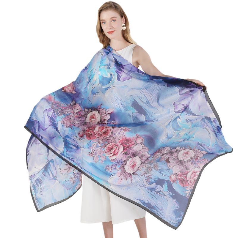Anyyou 100% Mulberry Silk Light Blue Long Scarf Luxury Brand Women Beach Shawl Wear Swimwear Pashimina Face Shield Foulard