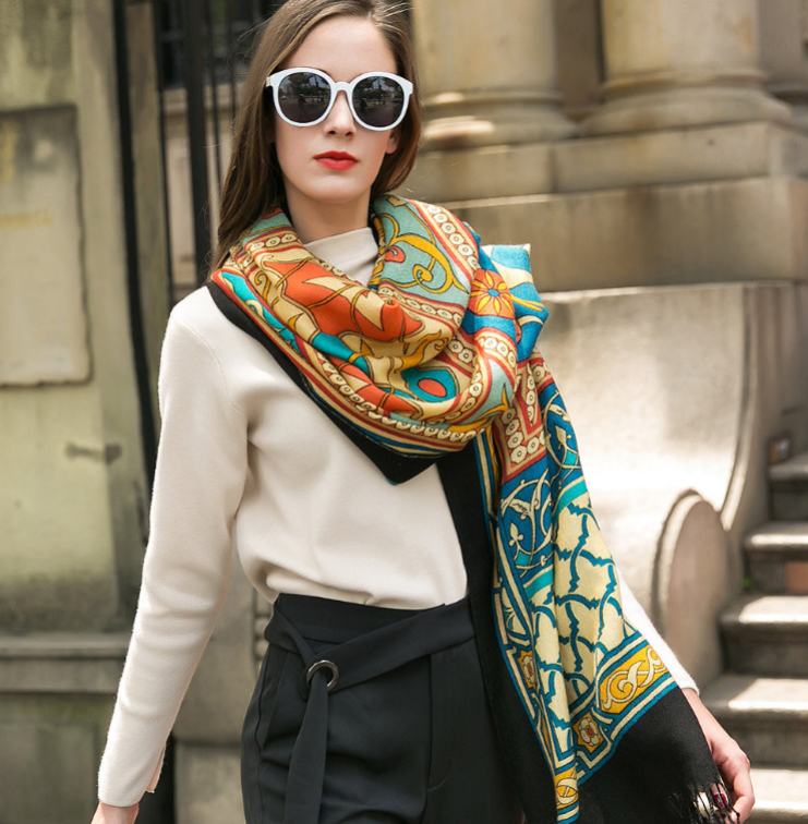 Anyyou 100% Pure Merino Wool Multicolor Tie Pattern Stylish Poncho Winter Large Scarf With Trendy Pashmina Shawl Bandana  For Womenfashion Design