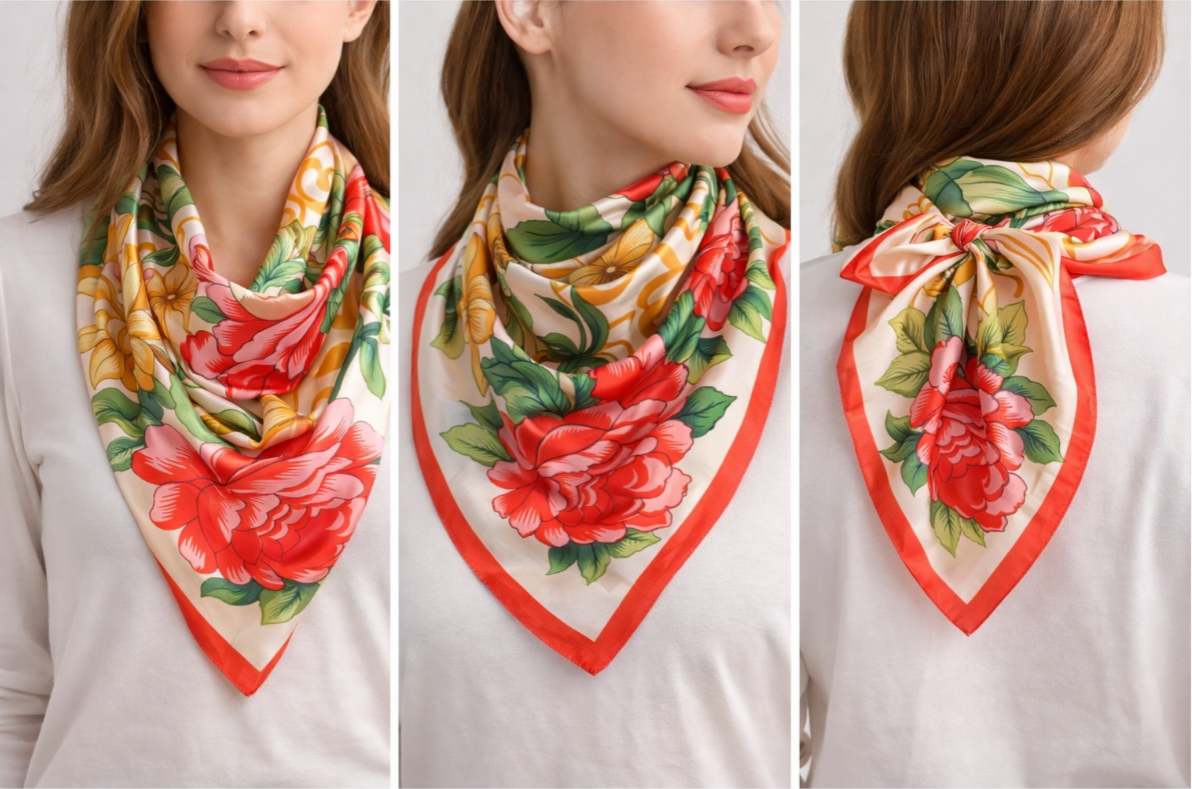 Anyyou Fashion Premium Satin Square Scarf – Elegant Peony Beige Silk-Feel Neckwrap for Women