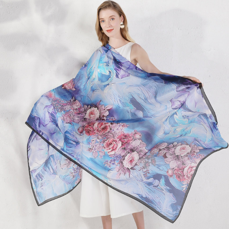 Anyyou 100% Mulberry Silk Light Blue Long Scarf Luxury Brand Women Beach Shawl Wear Swimwear Pashimina Face Shield Foulard