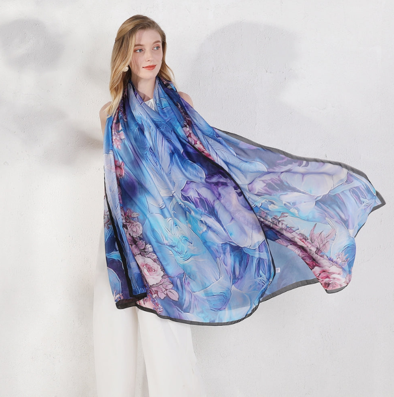 Anyyou 100% Mulberry Silk Light Blue Long Scarf Luxury Brand Women Beach Shawl Wear Swimwear Pashimina Face Shield Foulard