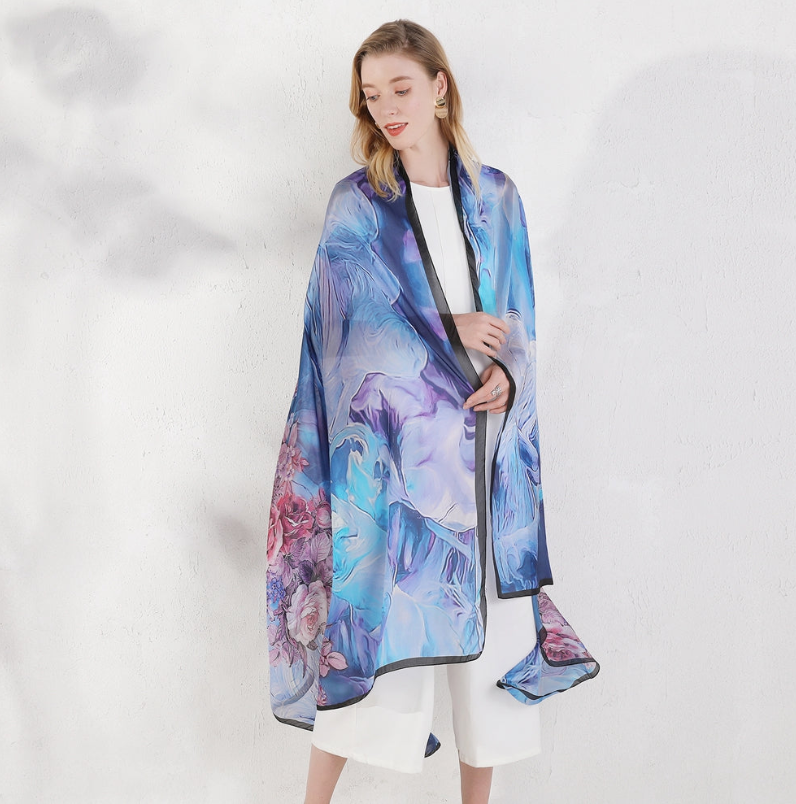 Anyyou 100% Mulberry Silk Light Blue Long Scarf Luxury Brand Women Beach Shawl Wear Swimwear Pashimina Face Shield Foulard