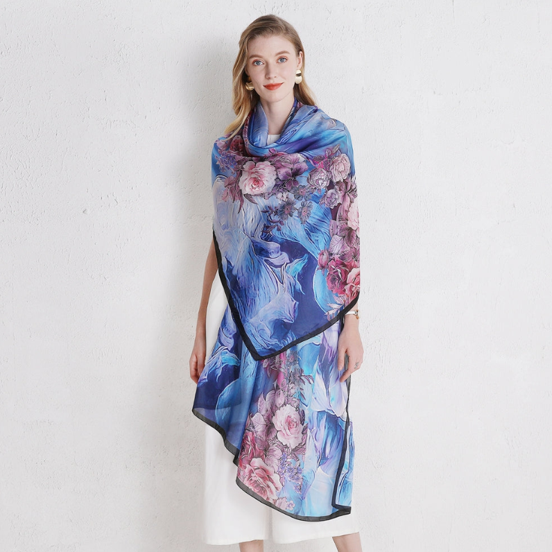 Anyyou 100% Mulberry Silk Light Blue Long Scarf Luxury Brand Women Beach Shawl Wear Swimwear Pashimina Face Shield Foulard