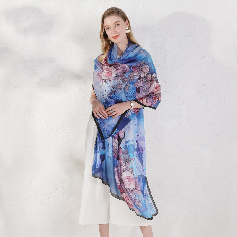 Anyyou 100% Mulberry Silk Light Blue Long Scarf Luxury Brand Women Beach Shawl Wear Swimwear Pashimina Face Shield Foulard