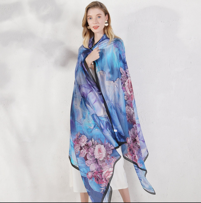 Anyyou 100% Mulberry Silk Light Blue Long Scarf Luxury Brand Women Beach Shawl Wear Swimwear Pashimina Face Shield Foulard