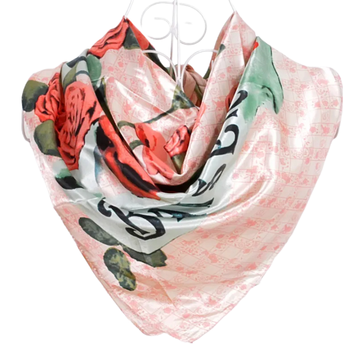 Anyyou Fashion Premium Satin Square Scarf – Romantic Pink Roses Silk-Feel Neckwrap for Women