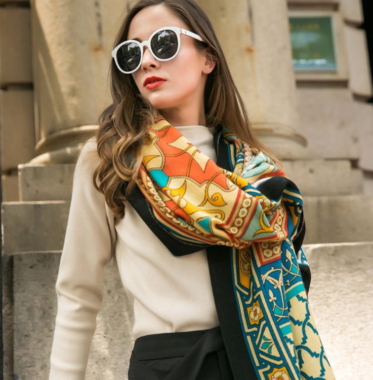Anyyou 100% Pure Merino Wool Multicolor Tie Pattern Stylish Poncho Winter Large Scarf With Trendy Pashmina Shawl Bandana  For Womenfashion Design